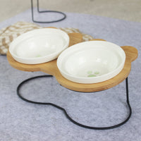HKM-6986557 Slanted Pet Bowl with Bamboo Stand in Fish Bones and Paws Design