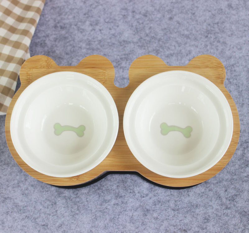 HKM-6986557 Slanted Pet Bowl with Bamboo Stand in Fish Bones and Paws Design