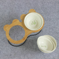 HKM-6986557 Slanted Pet Bowl with Bamboo Stand in Fish Bones and Paws Design