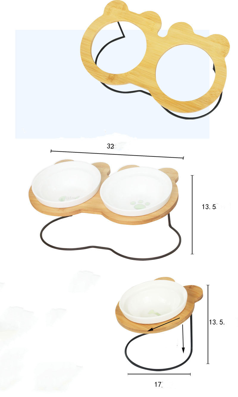 HKM-6986557 Slanted Pet Bowl with Bamboo Stand in Fish Bones and Paws Design