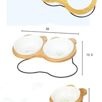 HKM-6986557 Slanted Pet Bowl with Bamboo Stand in Fish Bones and Paws Design