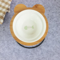 HKM-6986557 Slanted Pet Bowl with Bamboo Stand in Fish Bones and Paws Design