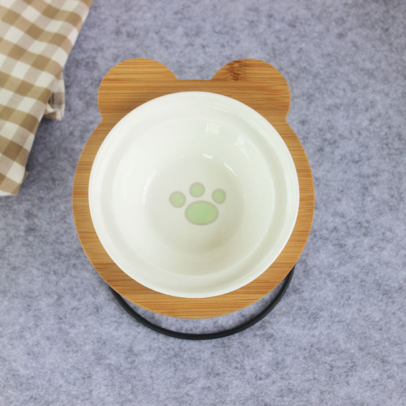 HKM-6986557 Slanted Pet Bowl with Bamboo Stand in Fish Bones and Paws Design