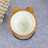 HKM-6986557 Slanted Pet Bowl with Bamboo Stand in Fish Bones and Paws Design