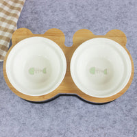 HKM-6986557 Slanted Pet Bowl with Bamboo Stand in Fish Bones and Paws Design