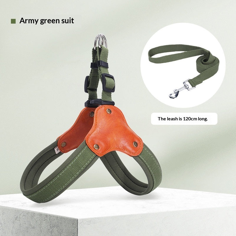 HKM-6989629 Y-Shaped Anti-Escape Dog Leash with Chest Harness for Small to Medium Dogs - Military Green, Red, Black, Brown