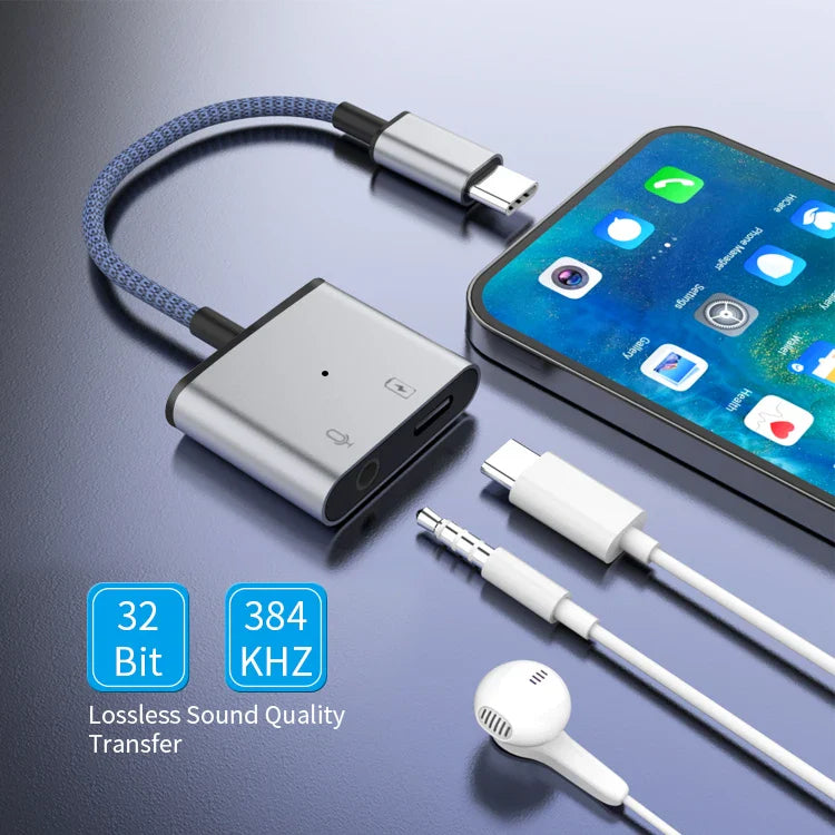 HKM-699283 2-in-1 USB-C to 3.5mm Audio Adapter for iPhone 15/15 Pro and Samsung Headphones