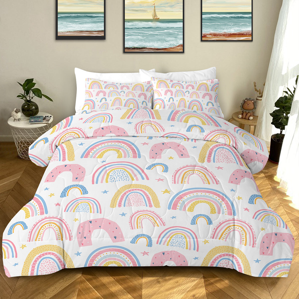 HKM-699283 Rainbow Pattern Comforter Set in Pink and Yellow with 2 Pillow Shams, Available in Twin to King Sizes