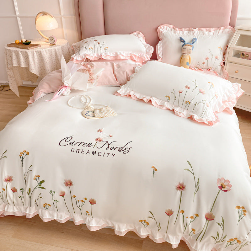 HKM-699283 Washed Cotton Four-Piece Embroidered Quilt Cover Set with Floral Designs