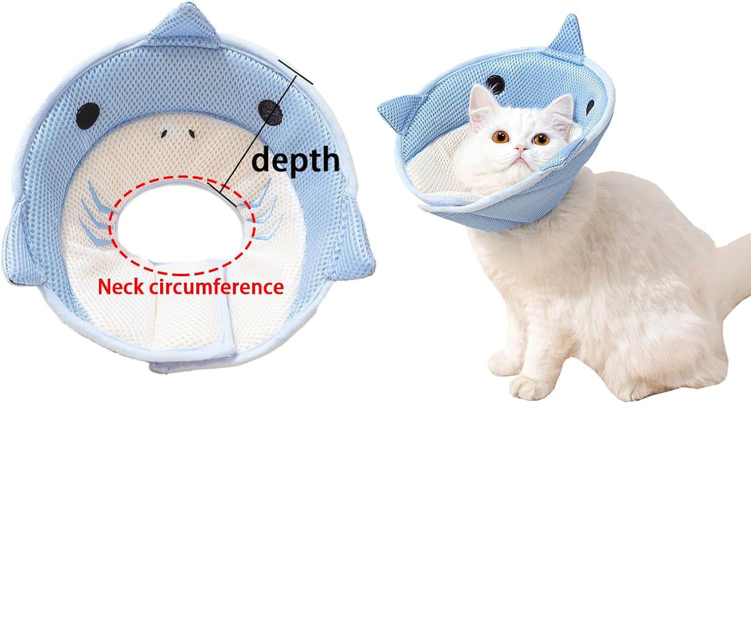 HKM-6993597 Soft and Breathable Shark-Shaped Recovery Cone for Cats and Kittens, Comfortable Neck Protection for Grooming and Post-Surgery Care