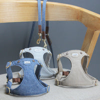 HKM-699475 Adjustable Denim Harness for Small and Medium Dogs with Cowhide Accents