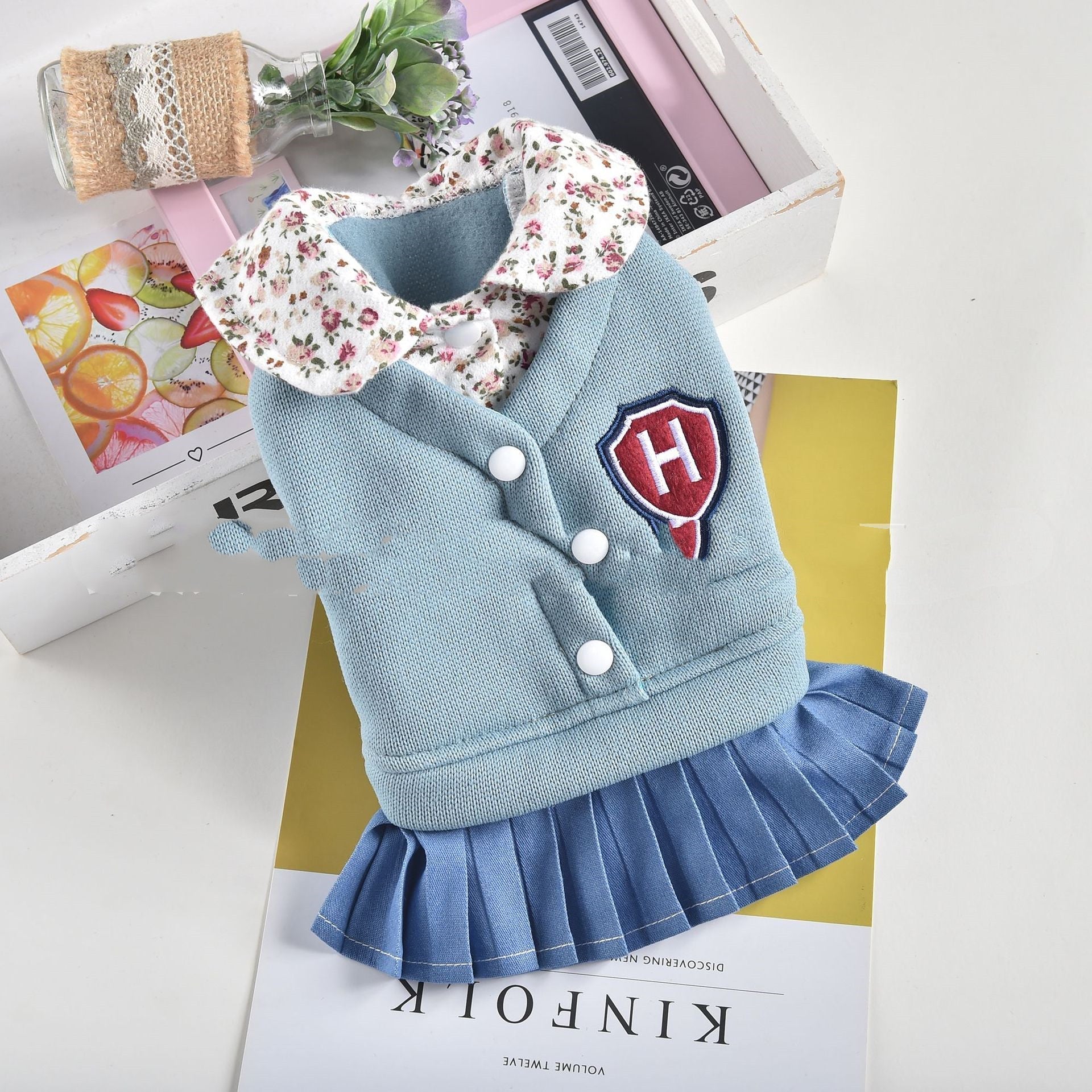 HKM-6996669 Pleated Skirt Dress for Pets in Blue, Red, Yellow ¨C Arctic Velvet and Denim, Sizes XS-XXL