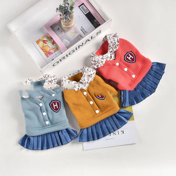 HKM-6996669 Pleated Skirt Dress for Pets in Blue, Red, Yellow ¨C Arctic Velvet and Denim, Sizes XS-XXL