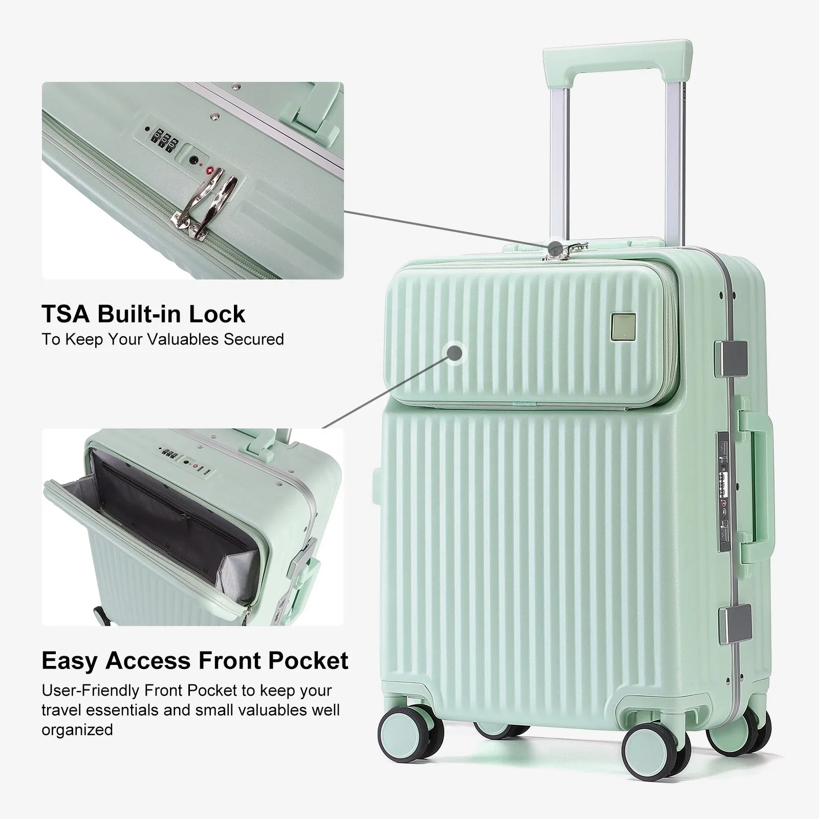 HKM-699667 Durable PC Aluminium Frame Trolley Carry-On Travel Suitcase with Front Pocket