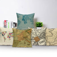 HKM-699667 European World Map Cushion Cover, Linen Pillowcase for Sofa and Home Decor, 45x45cm