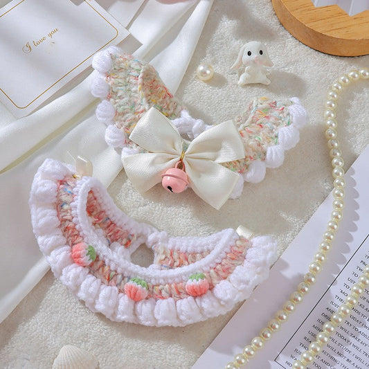 HKM-6997565 Handmade Wool Woven Collar for British Shorthair Kittens with Pink Bell Bow and Lace Accents