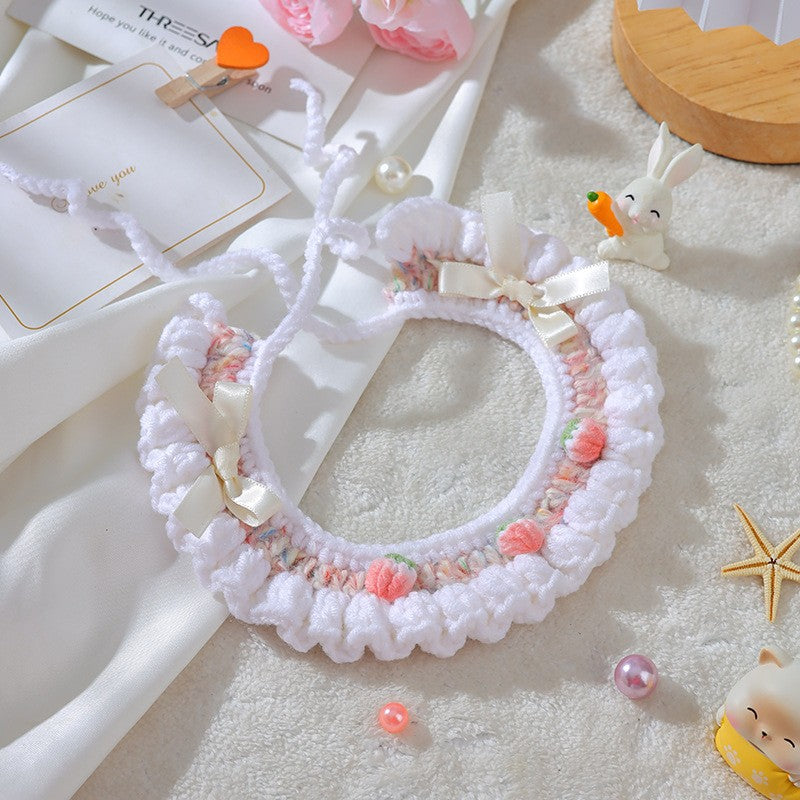 HKM-6997565 Handmade Wool Woven Collar for British Shorthair Kittens with Pink Bell Bow and Lace Accents