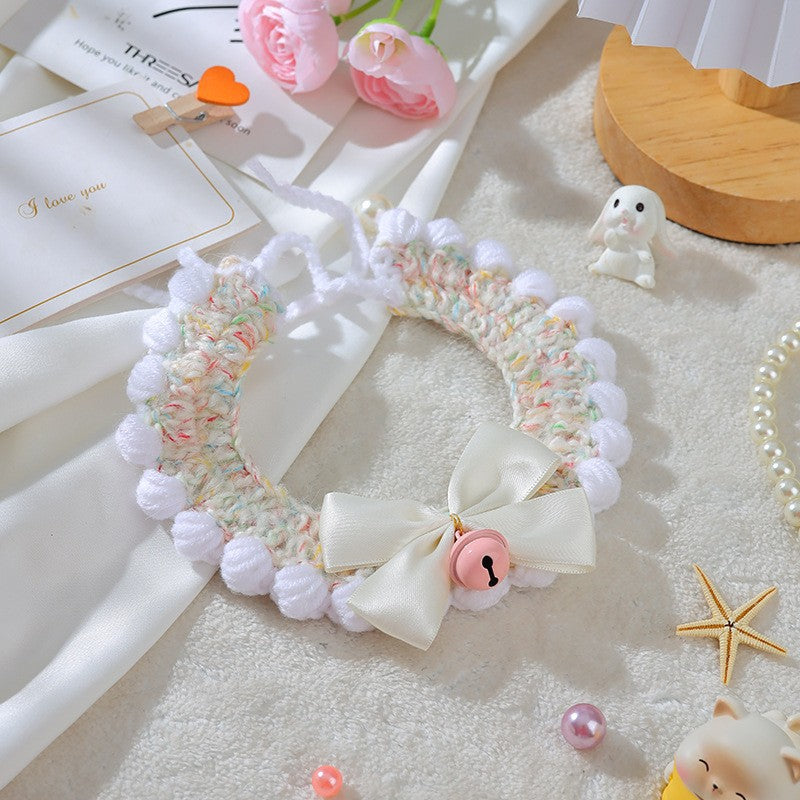 HKM-6997565 Handmade Wool Woven Collar for British Shorthair Kittens with Pink Bell Bow and Lace Accents