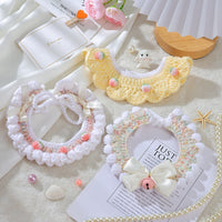 HKM-6997565 Handmade Wool Woven Collar for British Shorthair Kittens with Pink Bell Bow and Lace Accents