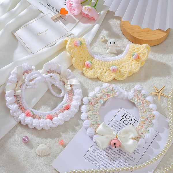 HKM-6997565 Handmade Wool Woven Collar for British Shorthair Kittens with Pink Bell Bow and Lace Accents