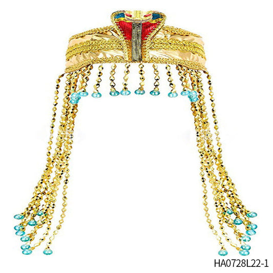 HKM-699859 Pharaoh-Inspired Sequined Headband with Snake Design - Free Size Metal Hair Accessory