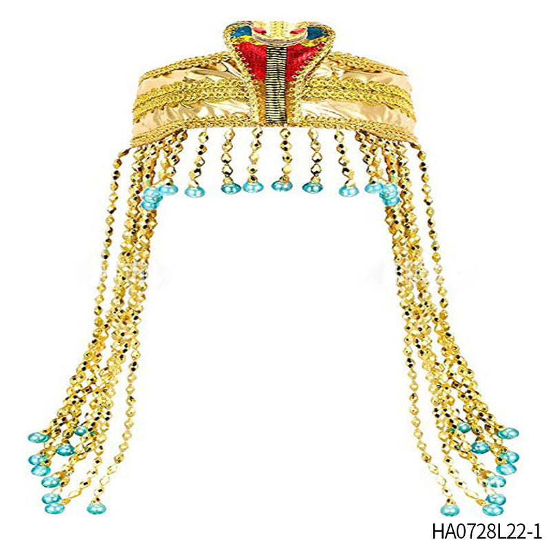 HKM-699859 Pharaoh-Inspired Sequined Headband with Snake Design - Free Size Metal Hair Accessory