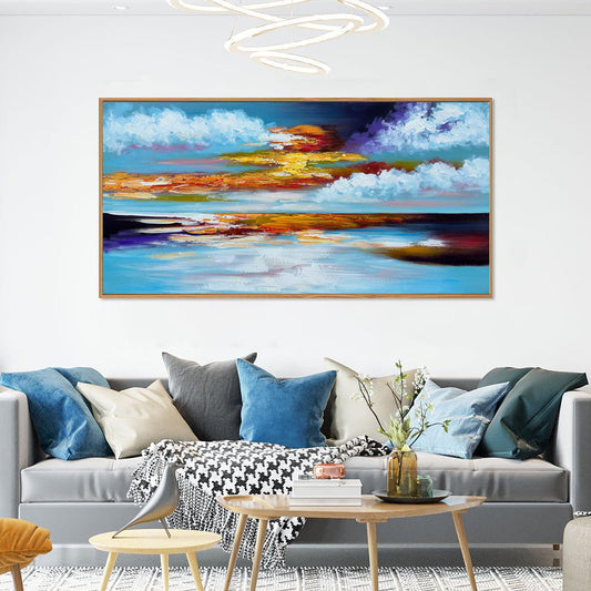 HKM-700371 Hand Painted Bright Abstract Oil Painting on Canvas - Seascape Sunset Artwork for Home Decor