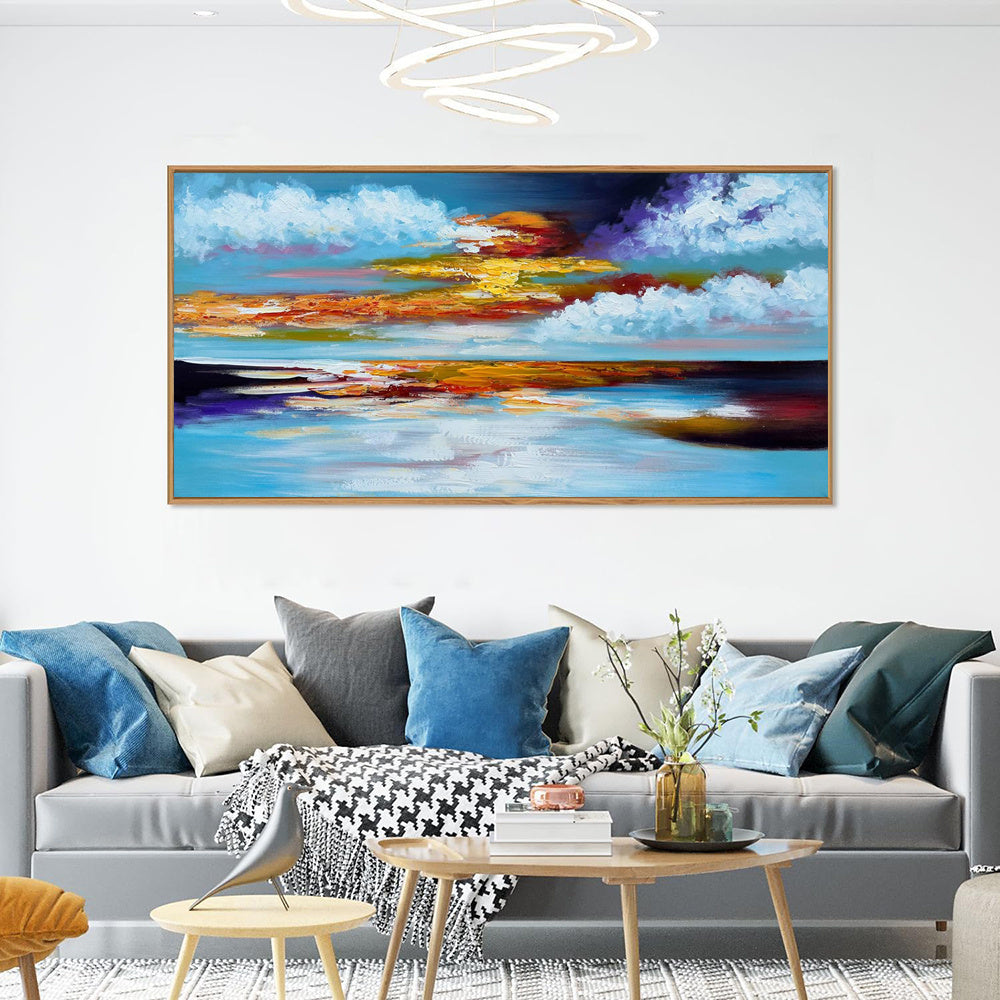 HKM-700371 Hand Painted Bright Abstract Oil Painting on Canvas - Seascape Sunset Artwork for Home Decor