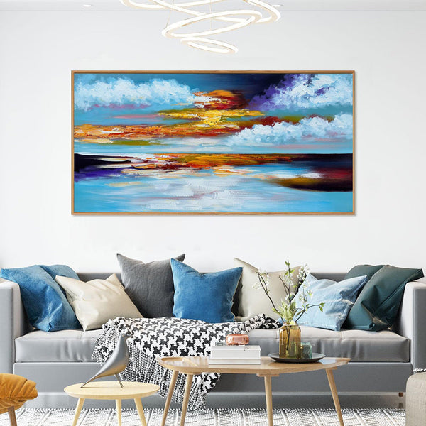 HKM-700371 Hand Painted Bright Abstract Oil Painting on Canvas - Seascape Sunset Artwork for Home Decor
