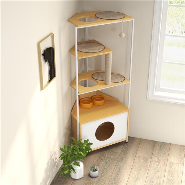 HKM-700435 Corner Cat Tower with Multi-Level Design, Scratching Post, and Space-Saving Features