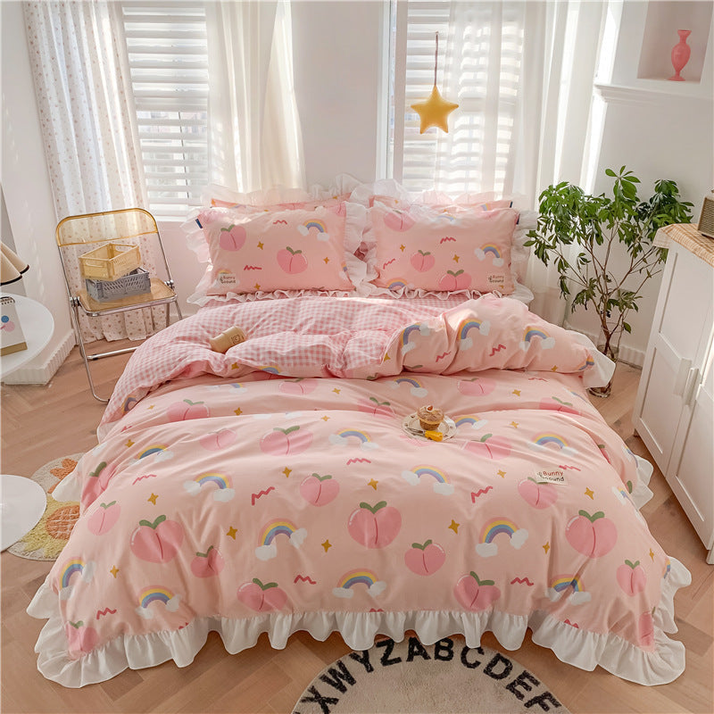 HKM-700435 Pure Cotton Girls' Heart Princess Bedding Set with Duvet Cover, Pillow, and Sheet - Soft and Breathable