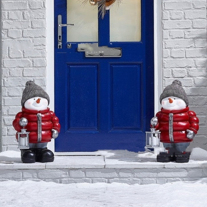 HKM-700563 Red Down Jacket Christmas Snowman Ornament - 30CM Resin Decor with Scarf