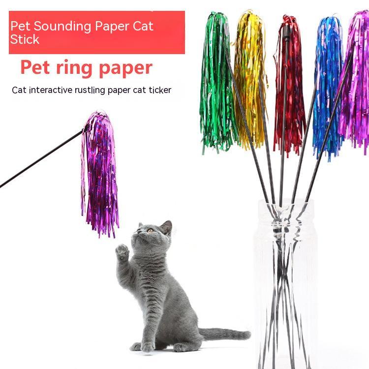 HKM-7008445 Colorful Striped Cat Teaser Wand with Elastic Rod and Plastic Ribbons