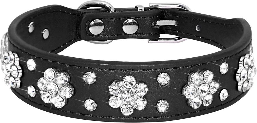 HKM-701139 Rhinestone Flower Studded PU Leather Dog Collar for Small and Medium Breeds
