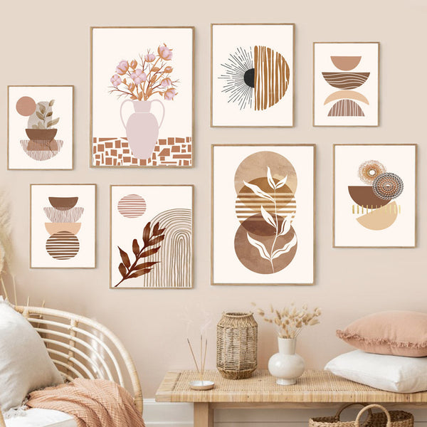 HKM-701587 Geometric Abstract Boho Canvas Painting - Line Leaves Design, Frameless Artwork for Home Decor