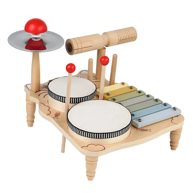 HKM-701587 Multifunctional Wooden Drum Music Station for Kids - Educational Sensory Toy Set