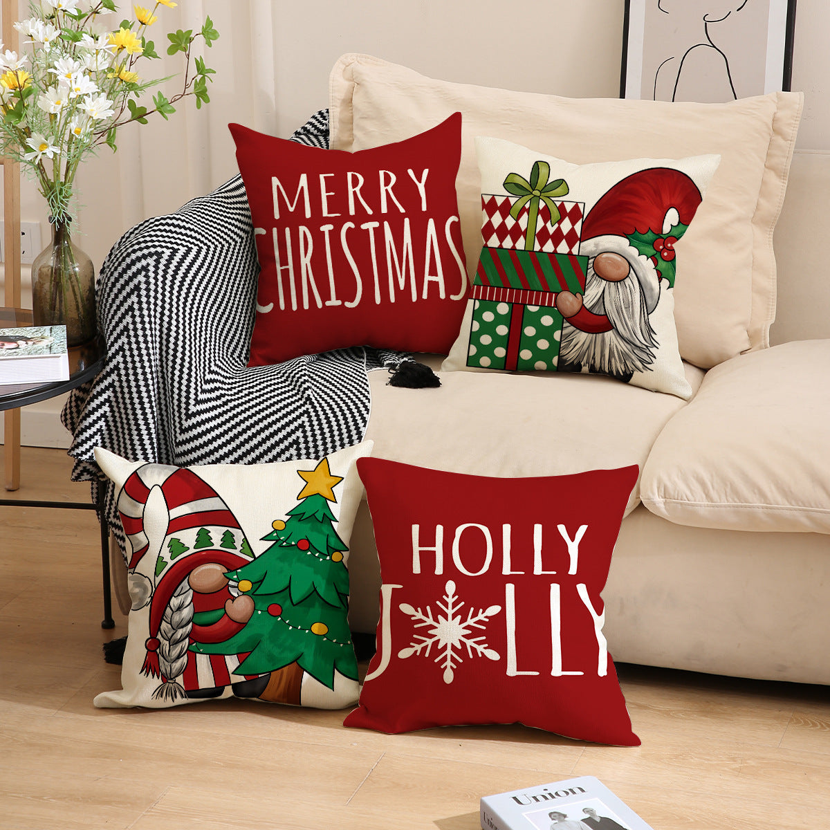 HKM-701651 Christmas Red Combination Throw Pillowcase - Linen, 45x45cm, Modern Simplicity Design