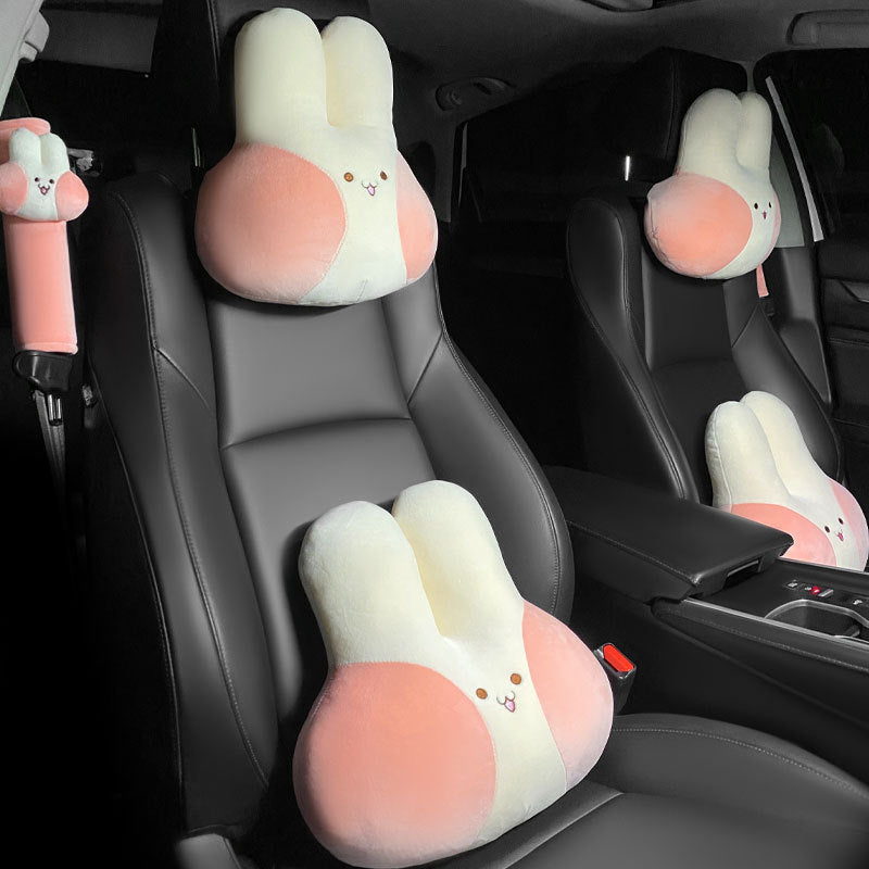 HKM-701715 Naughty Rabbit Cartoon Car Headrest Pillow Set with Waist Support and Shoulder Strap