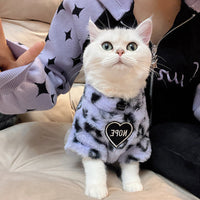 HKM-701843 Plush Cat Sweater for Winter - Warm and Cozy Pet Apparel in White and Purple Leopard Print, Multiple Sizes Available