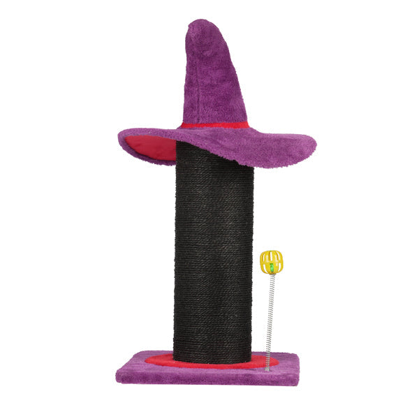 HKM-7018813 Wizard Hat Cat Scratching Post with Spring Ball Toy for Indoor Cats - Purple Halloween Design