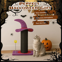 HKM-7018813 Wizard Hat Cat Scratching Post with Spring Ball Toy for Indoor Cats - Purple Halloween Design