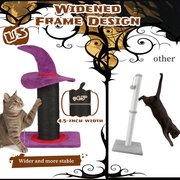 HKM-7018813 Wizard Hat Cat Scratching Post with Spring Ball Toy for Indoor Cats - Purple Halloween Design