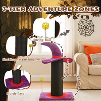 HKM-7018813 Wizard Hat Cat Scratching Post with Spring Ball Toy for Indoor Cats - Purple Halloween Design