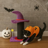 HKM-7018813 Wizard Hat Cat Scratching Post with Spring Ball Toy for Indoor Cats - Purple Halloween Design