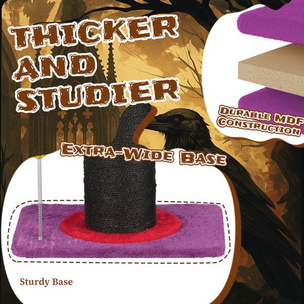 HKM-7018813 Wizard Hat Cat Scratching Post with Spring Ball Toy for Indoor Cats - Purple Halloween Design