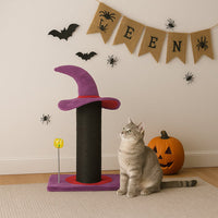 HKM-7018813 Wizard Hat Cat Scratching Post with Spring Ball Toy for Indoor Cats - Purple Halloween Design
