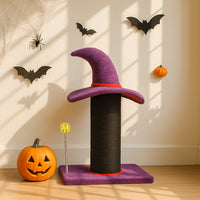 HKM-7018813 Wizard Hat Cat Scratching Post with Spring Ball Toy for Indoor Cats - Purple Halloween Design