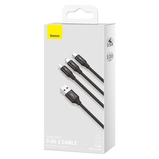 HKM-701971 3-in-1 Charging Cable for Lightning, Micro USB & Type-C Devices, 1.2m, Black