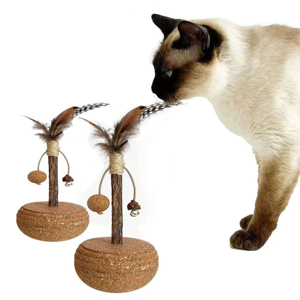 HKM-702099 Natural Cork Catnip Ball Toy with Bells and Feathers for Cats