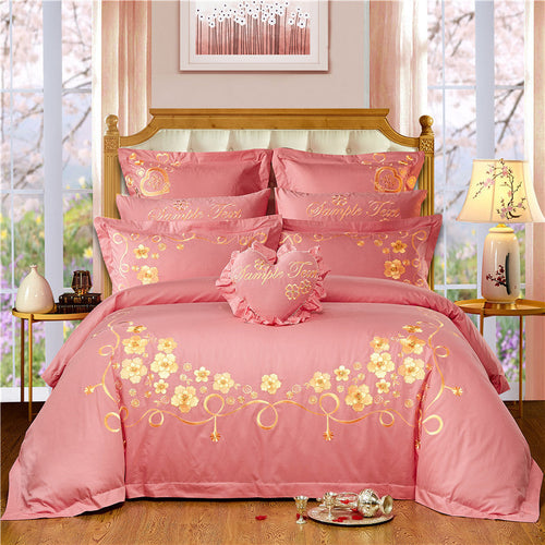 HKM-702355 Cotton Four-Piece Bedding Set with Floral Design for Weddings - Includes Bed Sheet, Quilt Cover, and Pillowcases in Various Colors